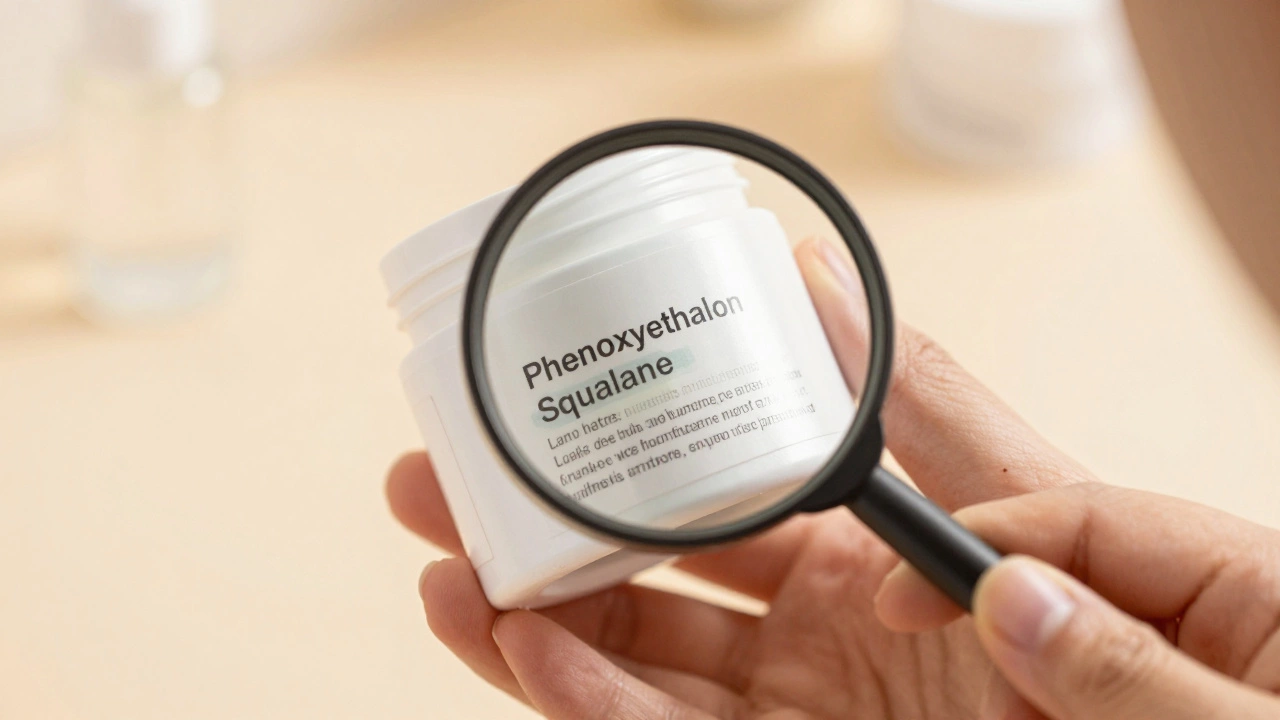 Hand examining skincare ingredient list closely