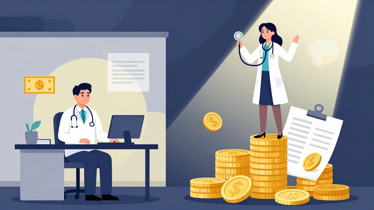 Illustration contrasting stable hospital salary with risky private practice wealth