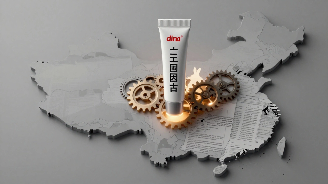 Lip balm near a map of China with gears symbolizing regulations