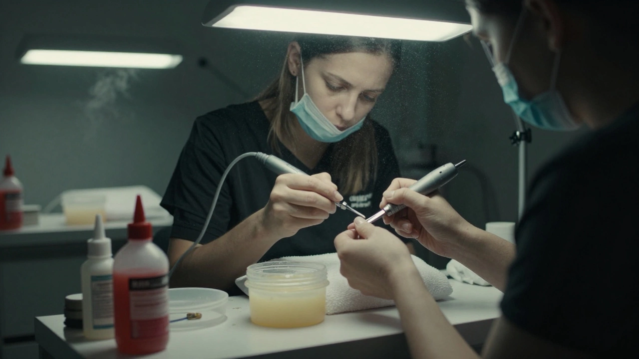 Nail salon interior showing unsterilized tools and chemical fumes