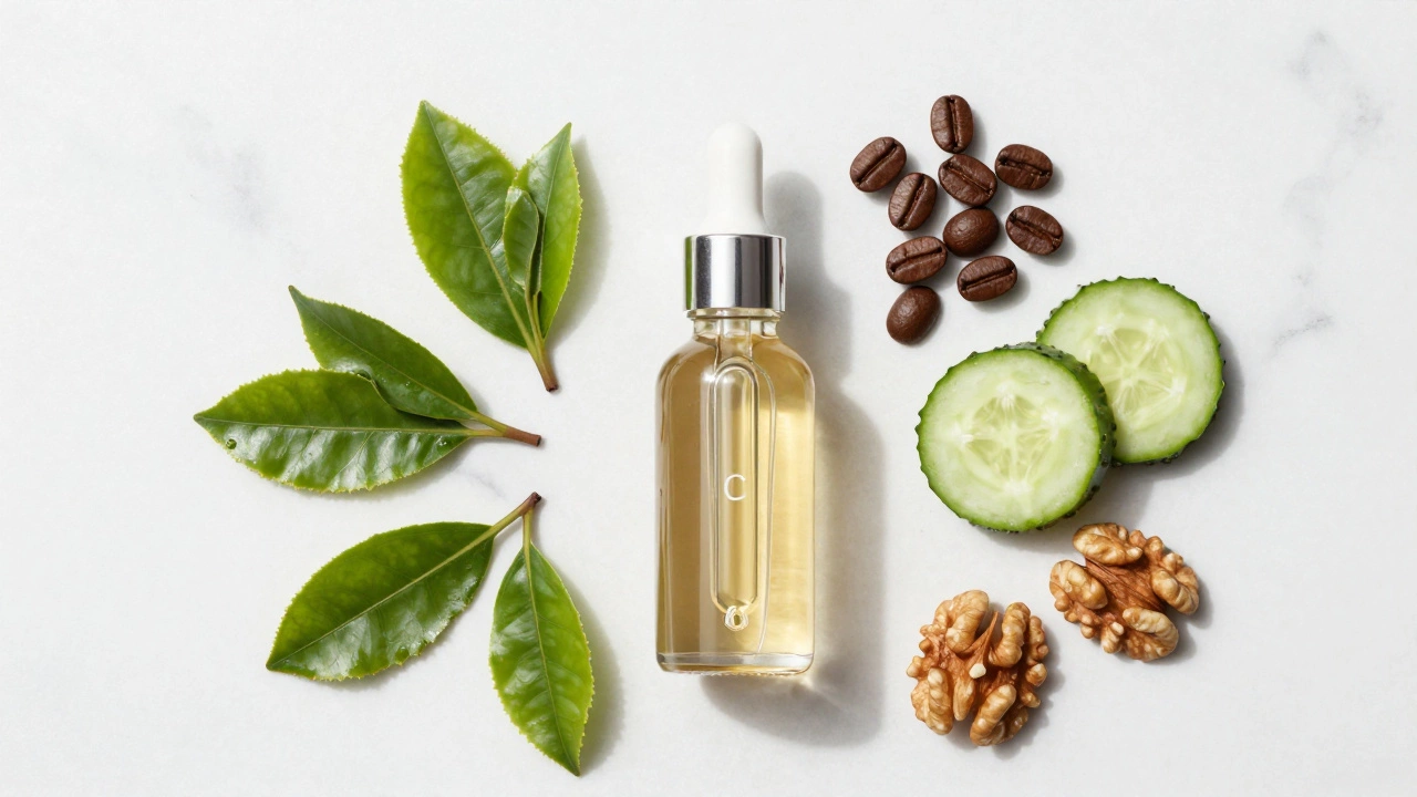 Natural skincare ingredients like green tea, coffee beans, and serum bottles