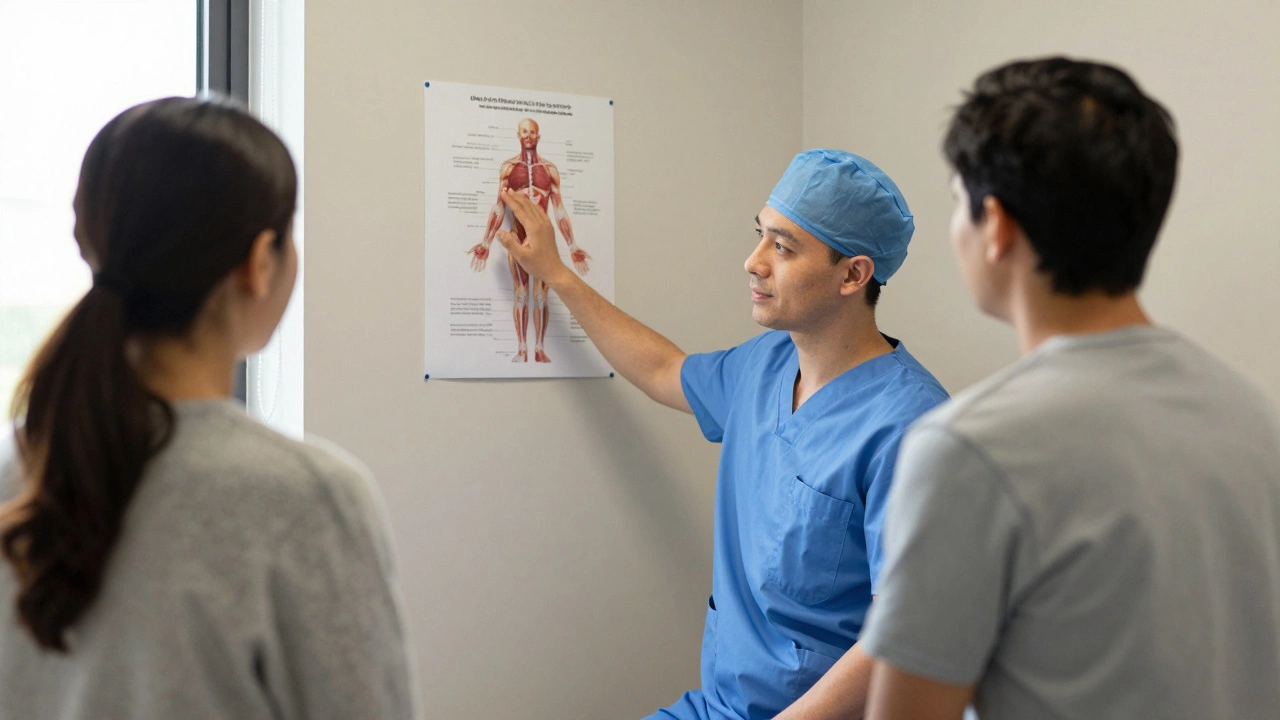 Patient consulting with surgeon in a professional medical office