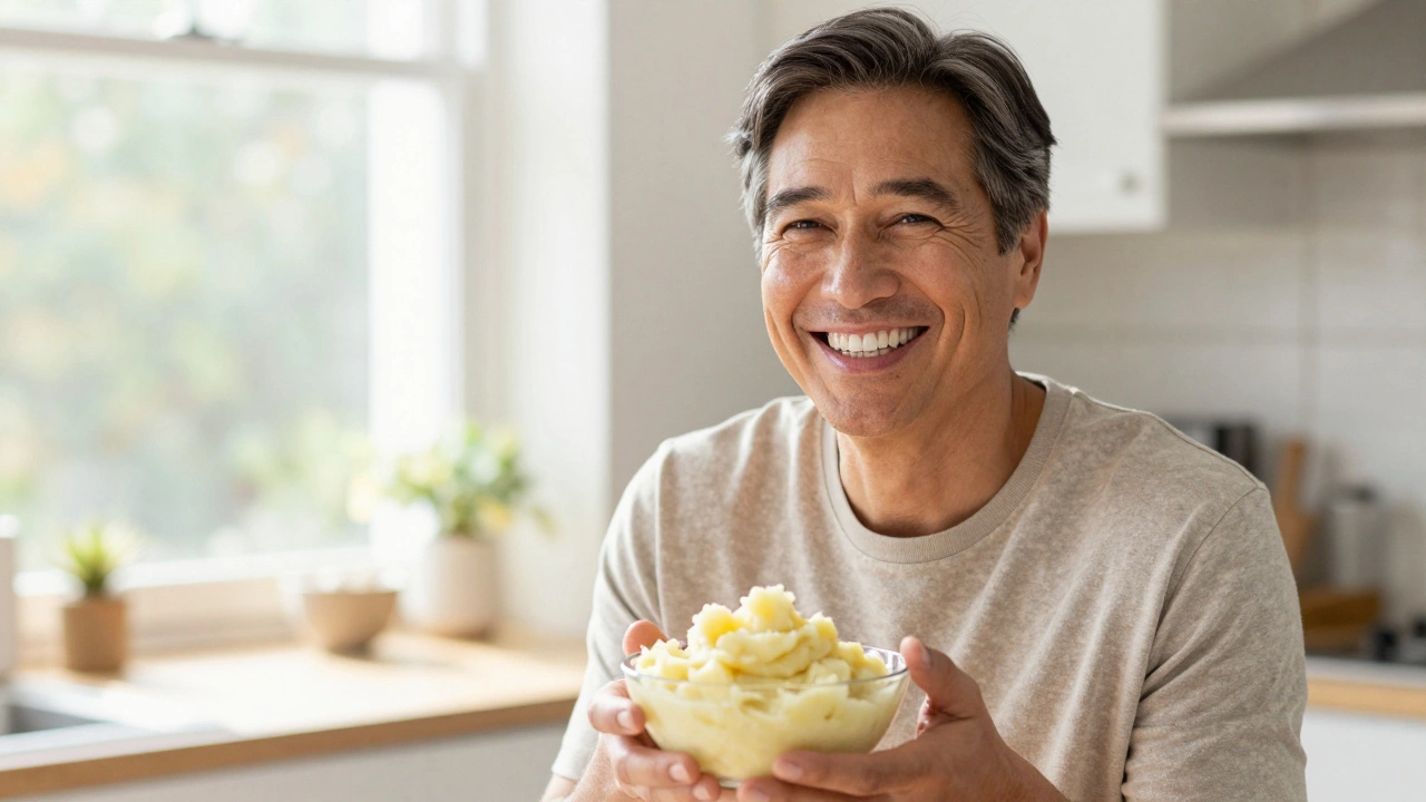 Patient eating soft food during implant recovery