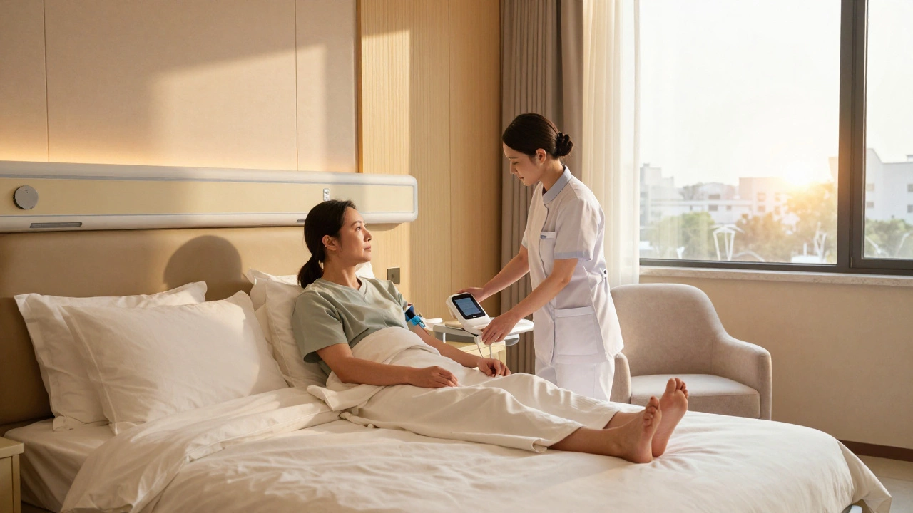 Patient receiving attentive care in a luxurious private hospital suite
