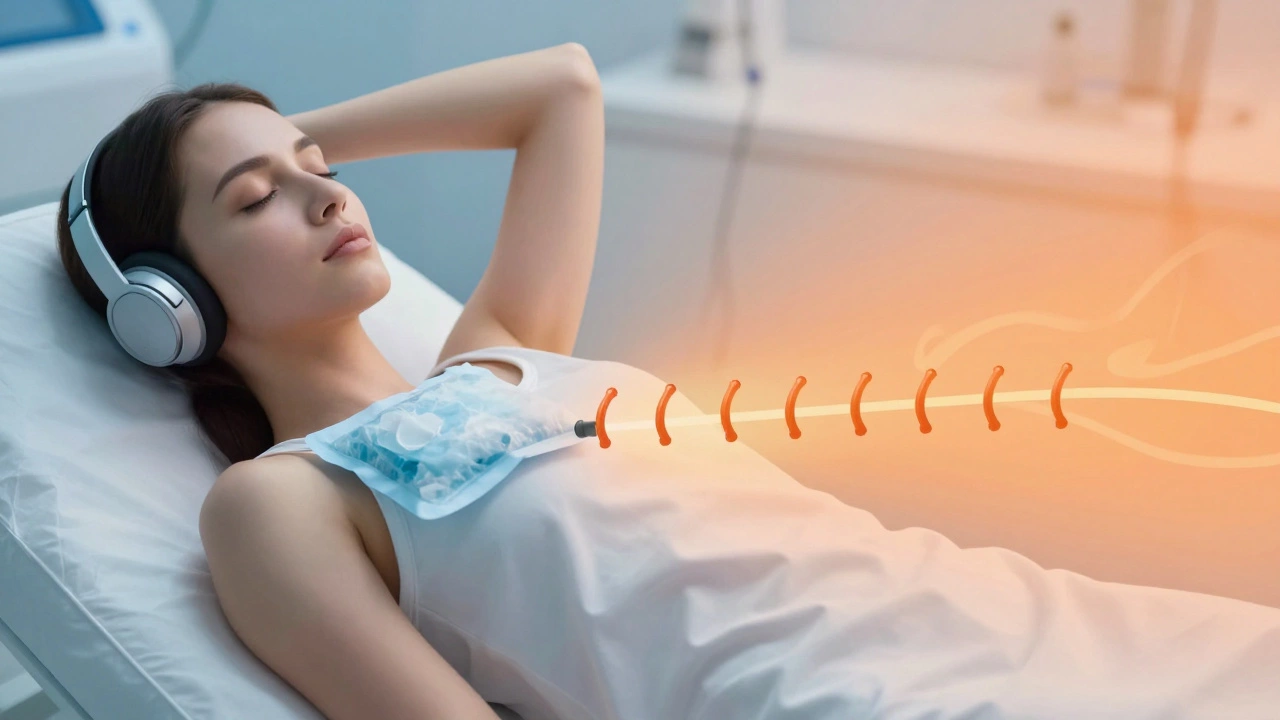 Person relaxing with headphones and ice during laser treatment