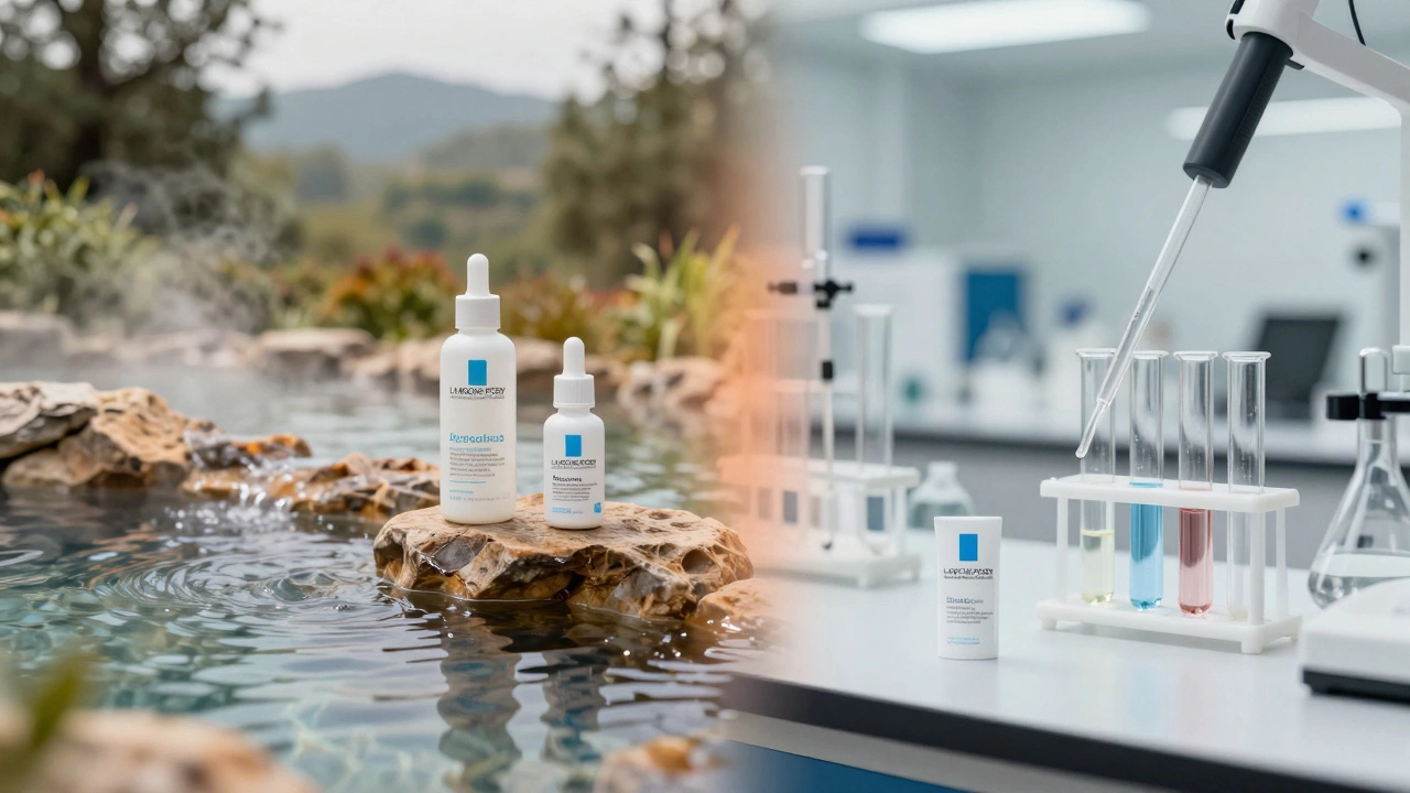 Split image of French spring water and a clinical skincare laboratory