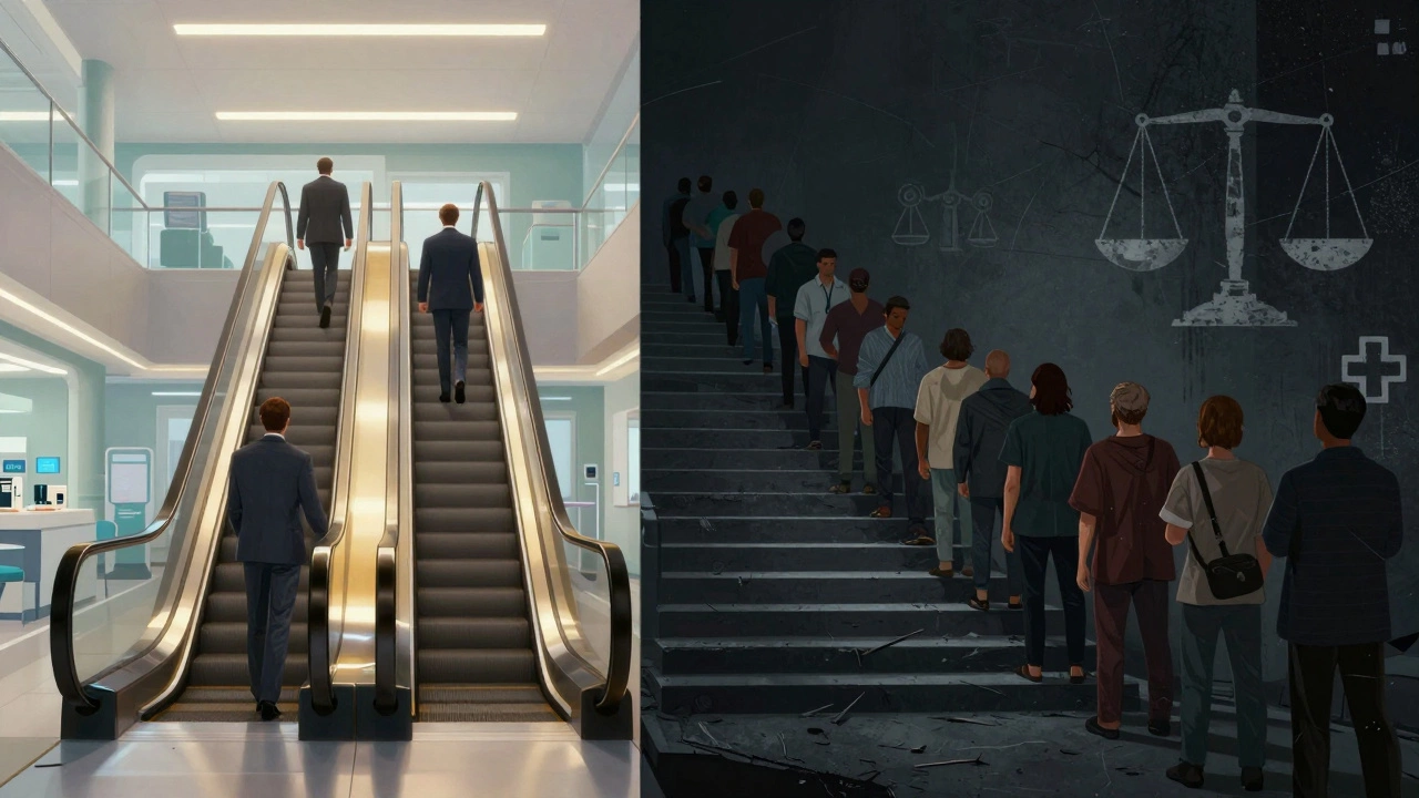 Split scene showing wealthy people on fast track vs poor waiting in line