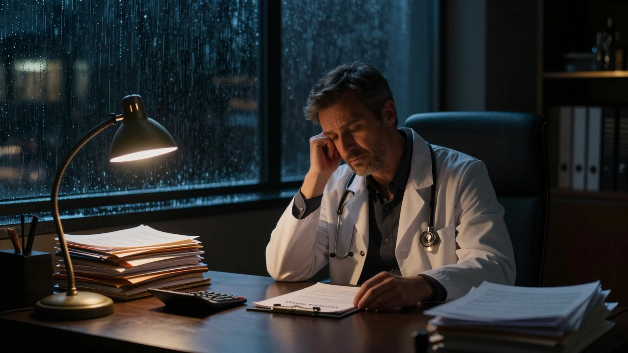 Tired doctor working late in a luxury office surrounded by bills and paperwork