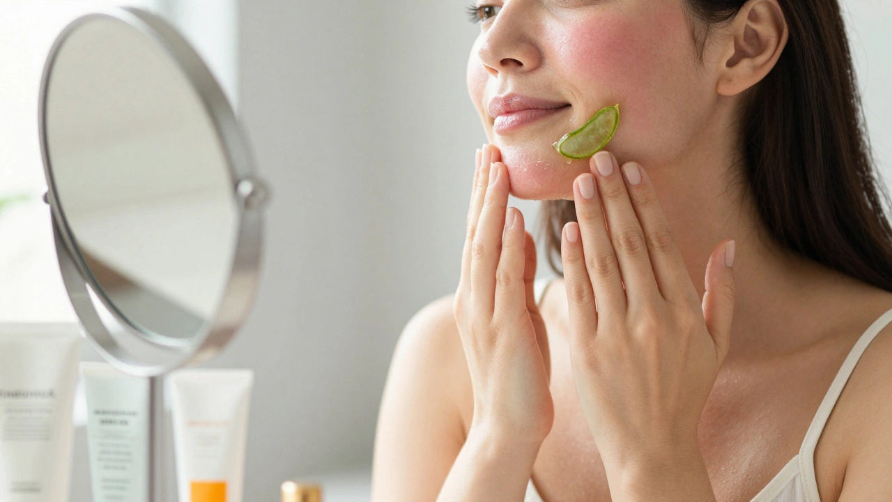 Woman applying aloe vera to face after laser hair removal