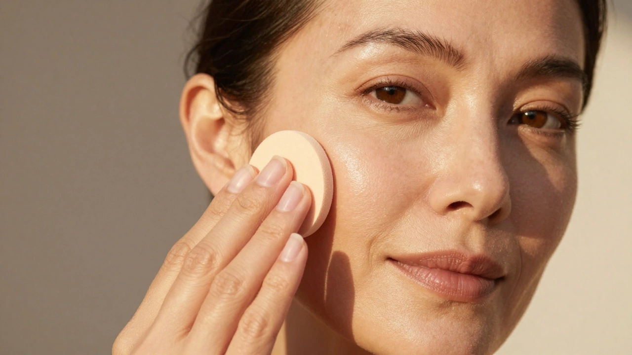 Woman applying lightweight makeup with a damp sponge for a dewy, natural finish