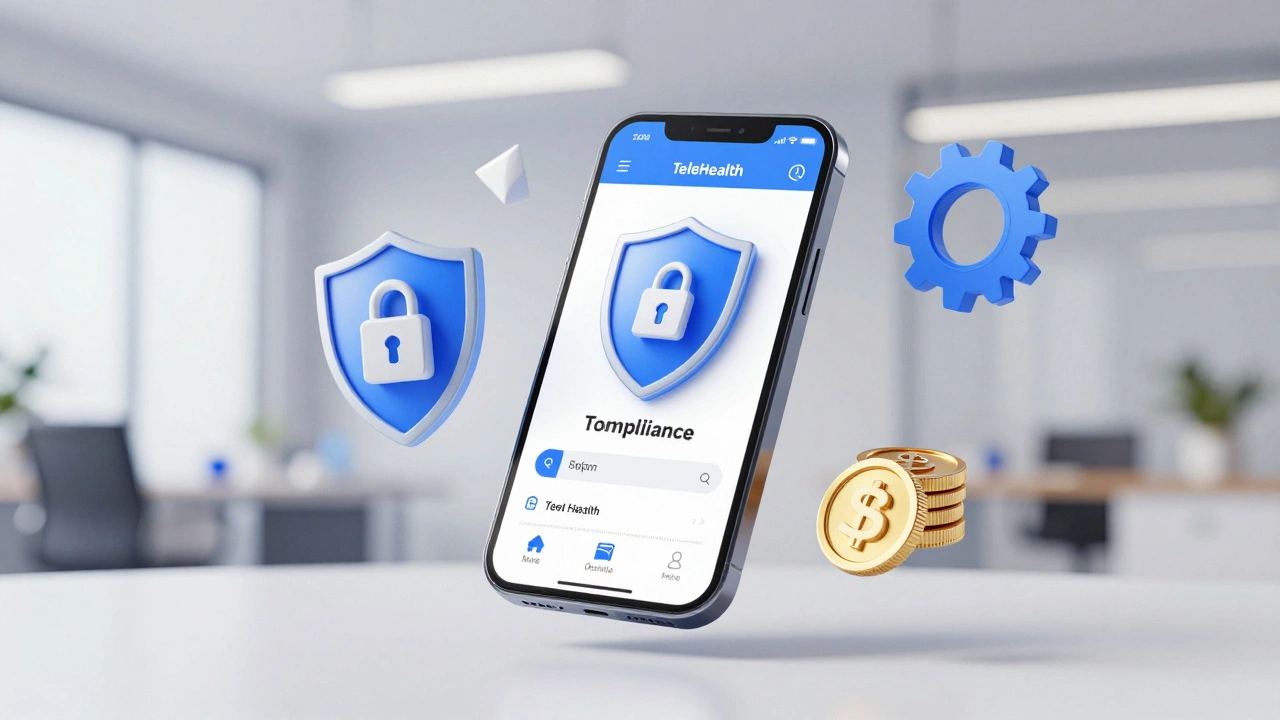 Abstract 3D illustration of telehealth app development costs and security features
