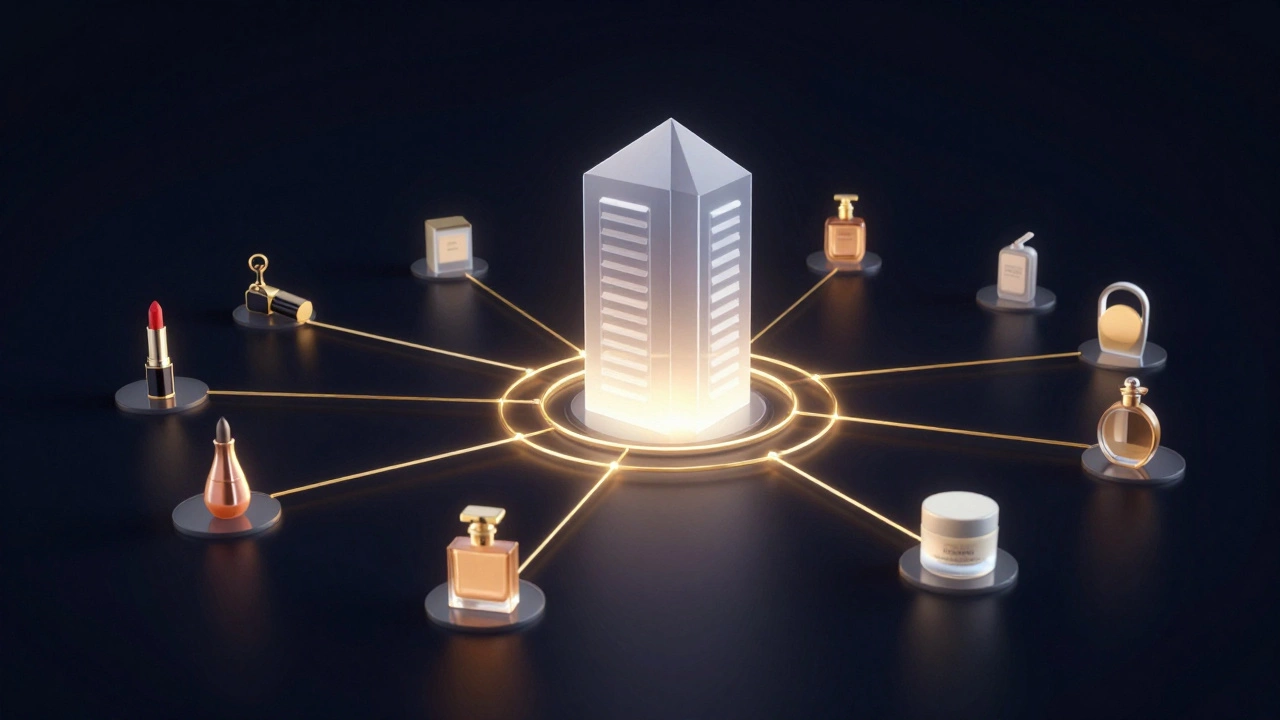 Abstract graphic showing brand icons connected to a central corporate hub