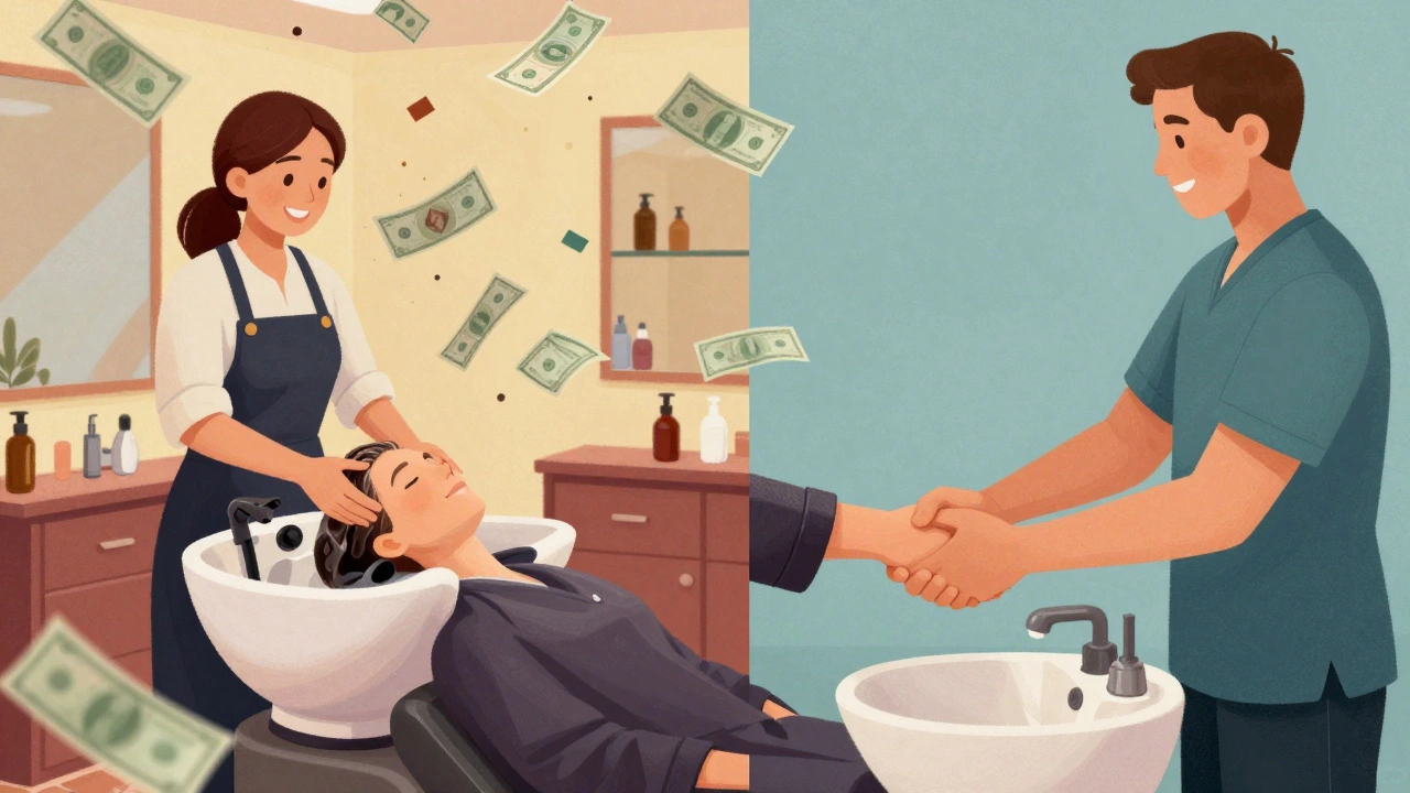 Artistic split image comparing US tipping culture with UK non-tipping norms