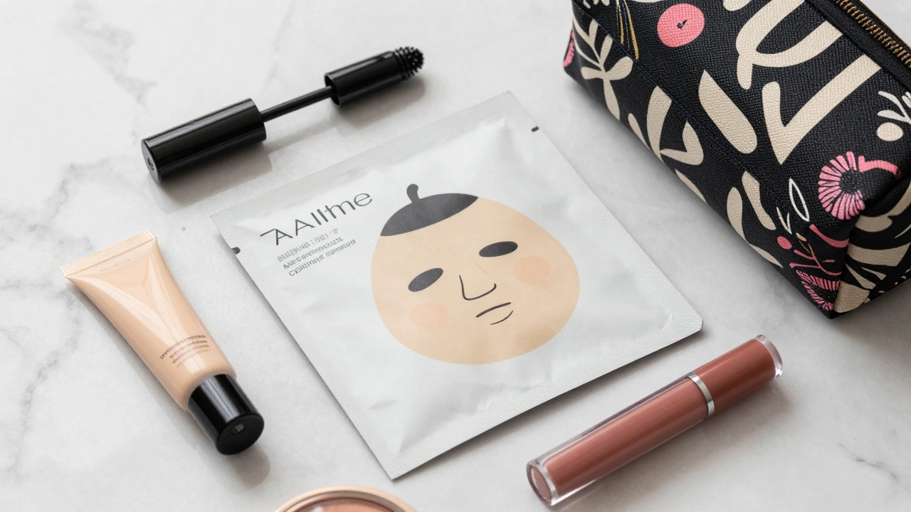 Assorted sample beauty products on a marble surface