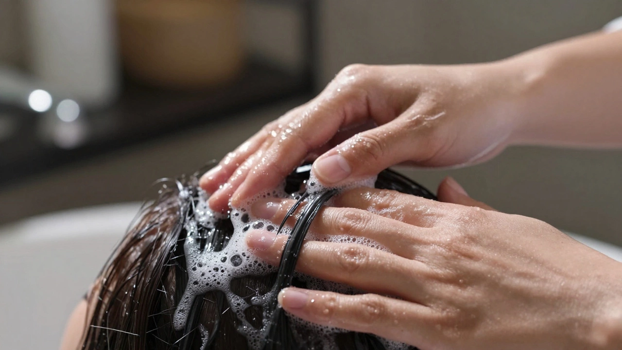 Close-up of hands performing a professional scalp massage with water