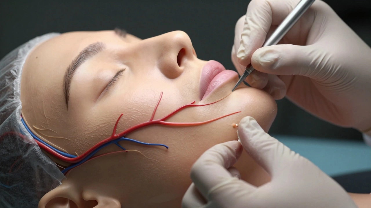 Close-up of surgeon's hands working on delicate facial anatomy