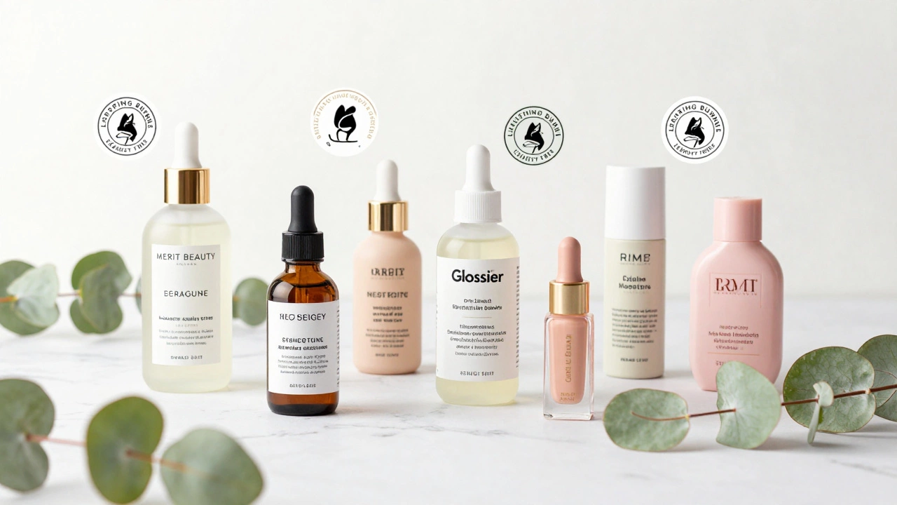 Collection of certified cruelty-free beauty brands on marble surface