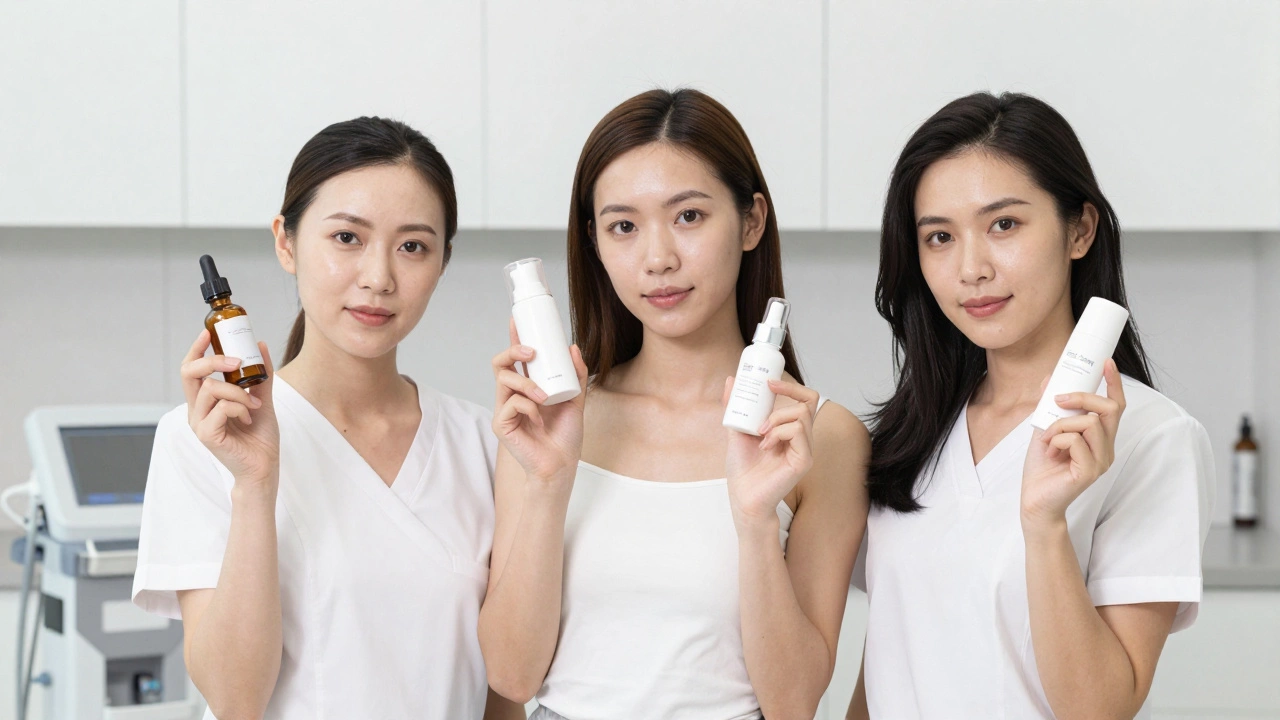 Confident women holding professional skincare products in a clinic