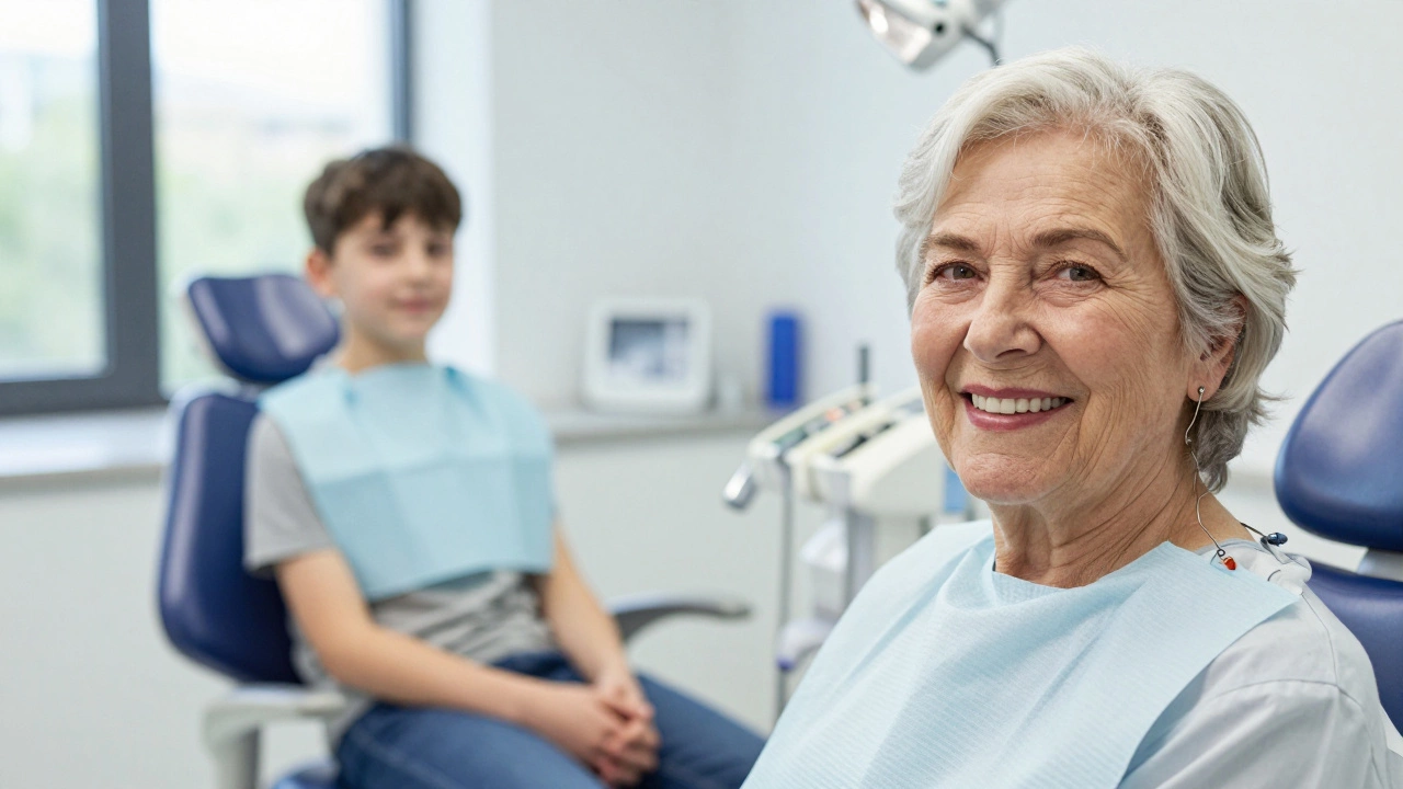 Elderly patient with implants and teen waiting for treatment