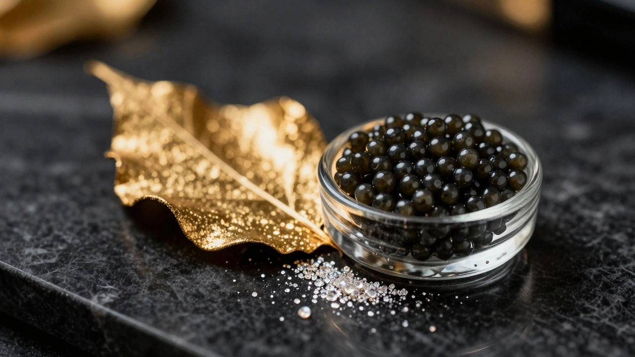 Gold leaf, caviar, and diamond dust arranged on dark marble for luxury skincare.