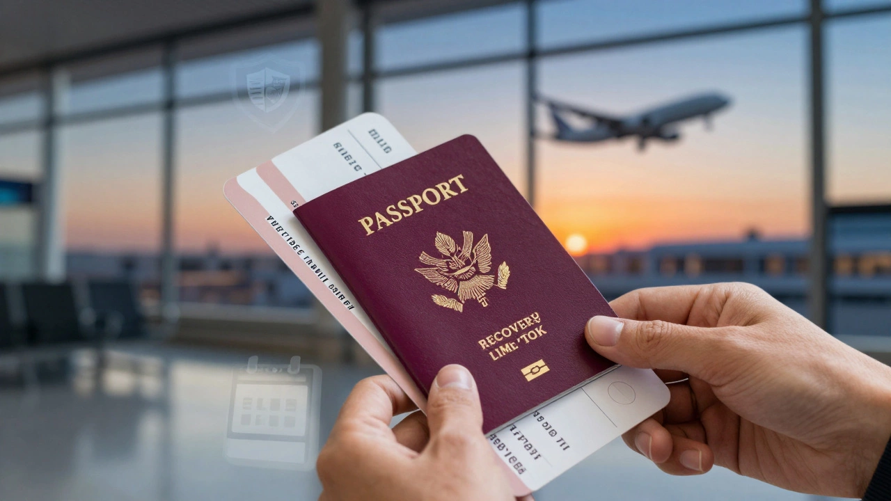 Hand holding passport and checklist against airport window view
