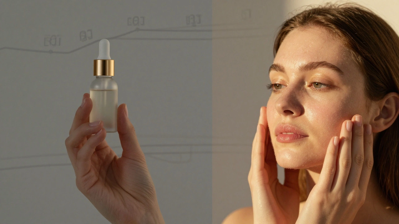 Hand holding serum next to glowing skin, showing results