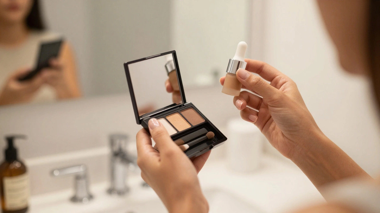 Hands holding makeup and serum for testing new products