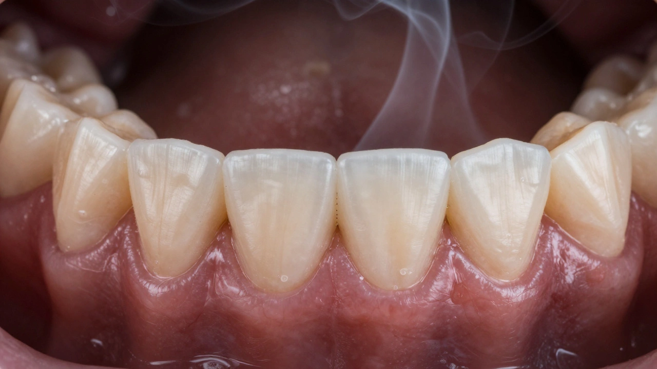 Macro view of gum tissue showing effects of smoking on healing