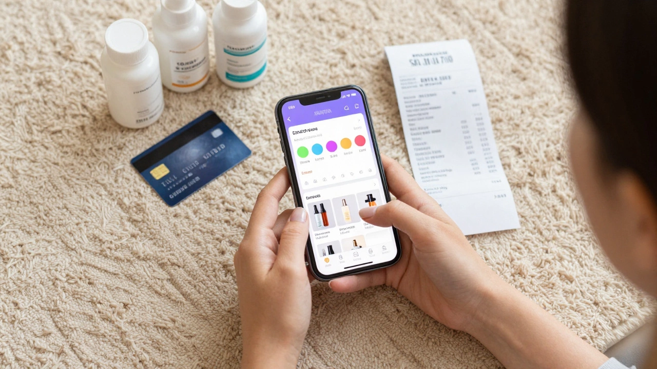 Smartphone with app, credit card, and redeemed beauty products on a rug