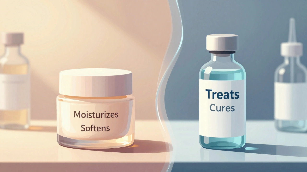 Split image contrasting cosmetic and drug skincare bottles