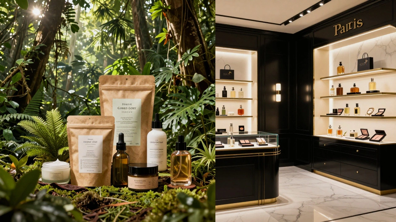 Split image contrasting rainforest sustainability with luxury boutique elegance