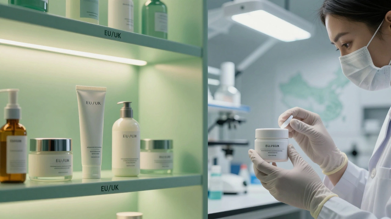 Split image contrasting safe EU cosmetics with Chinese lab testing
