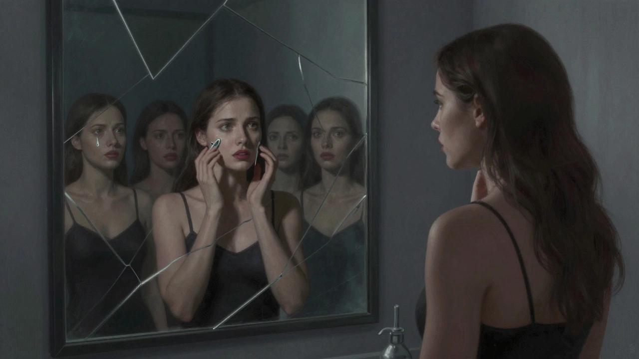 Woman looking at fragmented mirror reflecting beauty pressure and hidden costs.