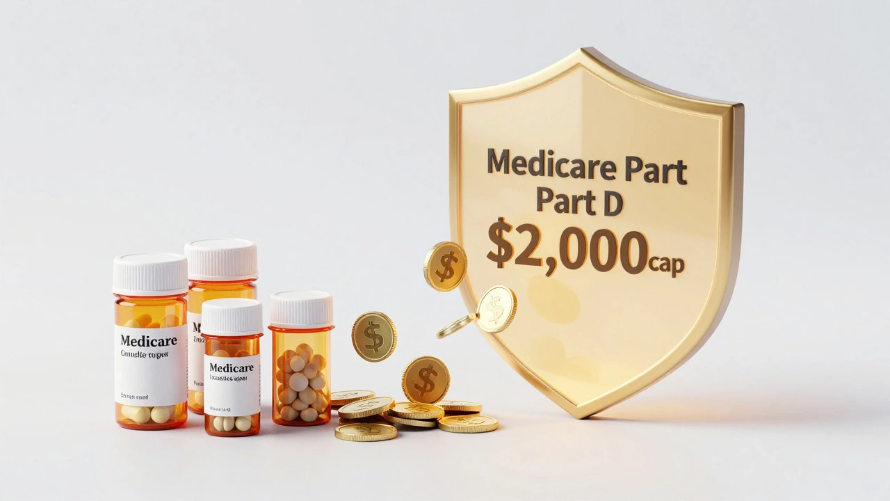 Abstract visualization of a cost cap stopping a flow of coins and pills