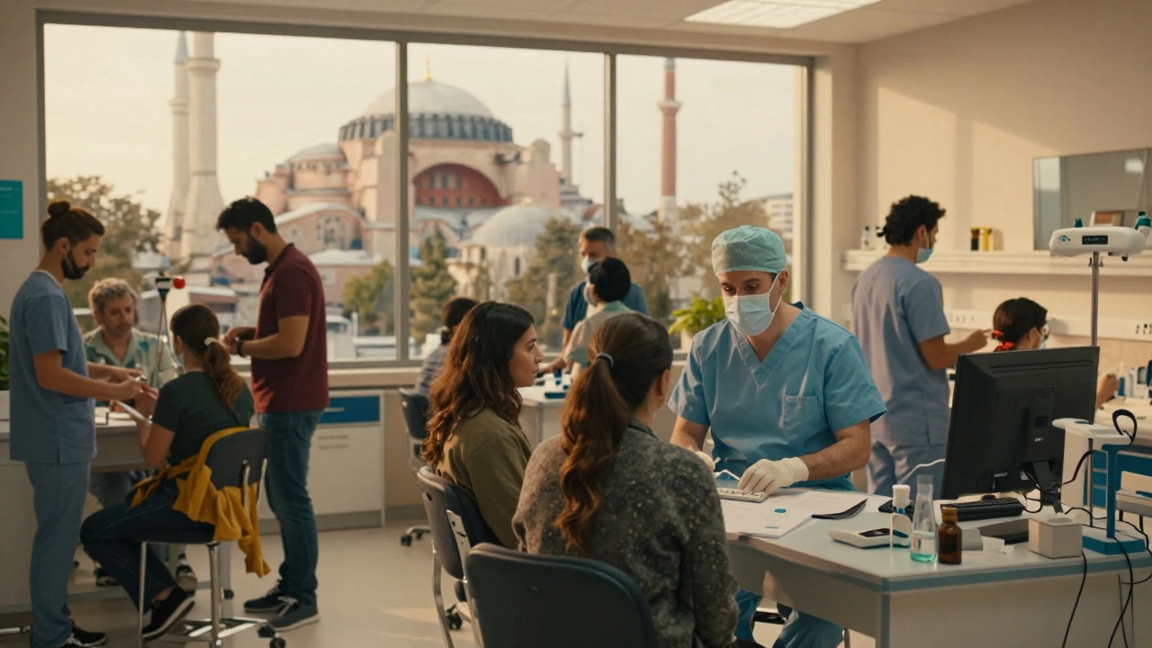 Busy medical clinic in Istanbul with translator assisting patient