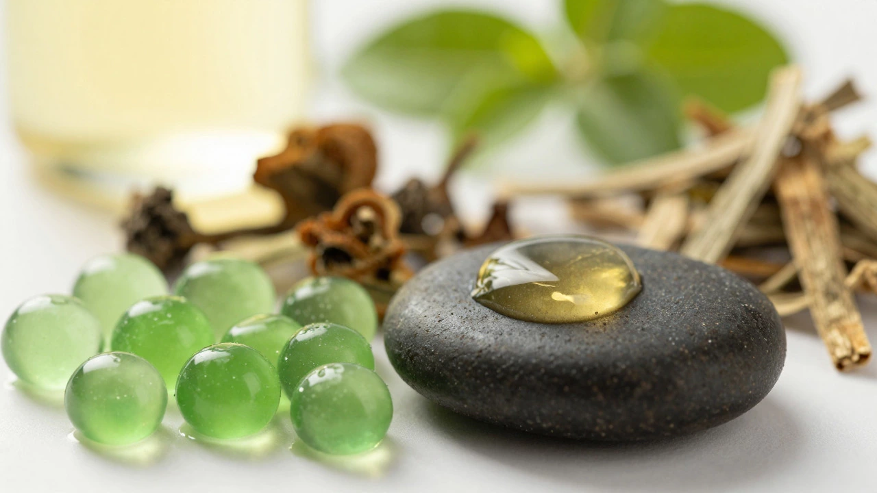 Close-up of coconut oil and botanical skincare ingredients