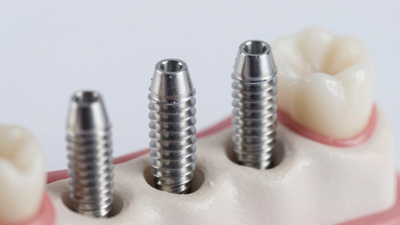 Close-up of titanium dental implants in All-on-4 configuration