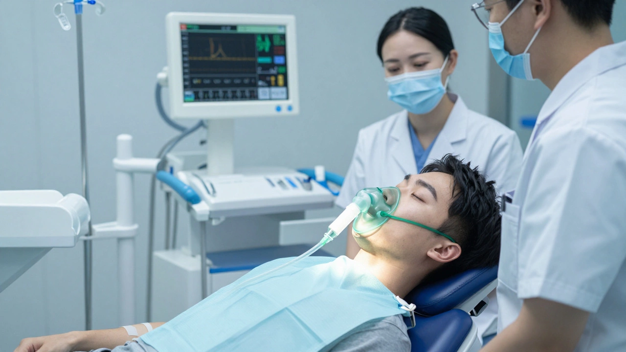 Dental patient under sedation with oxygen mask and IV in clinic