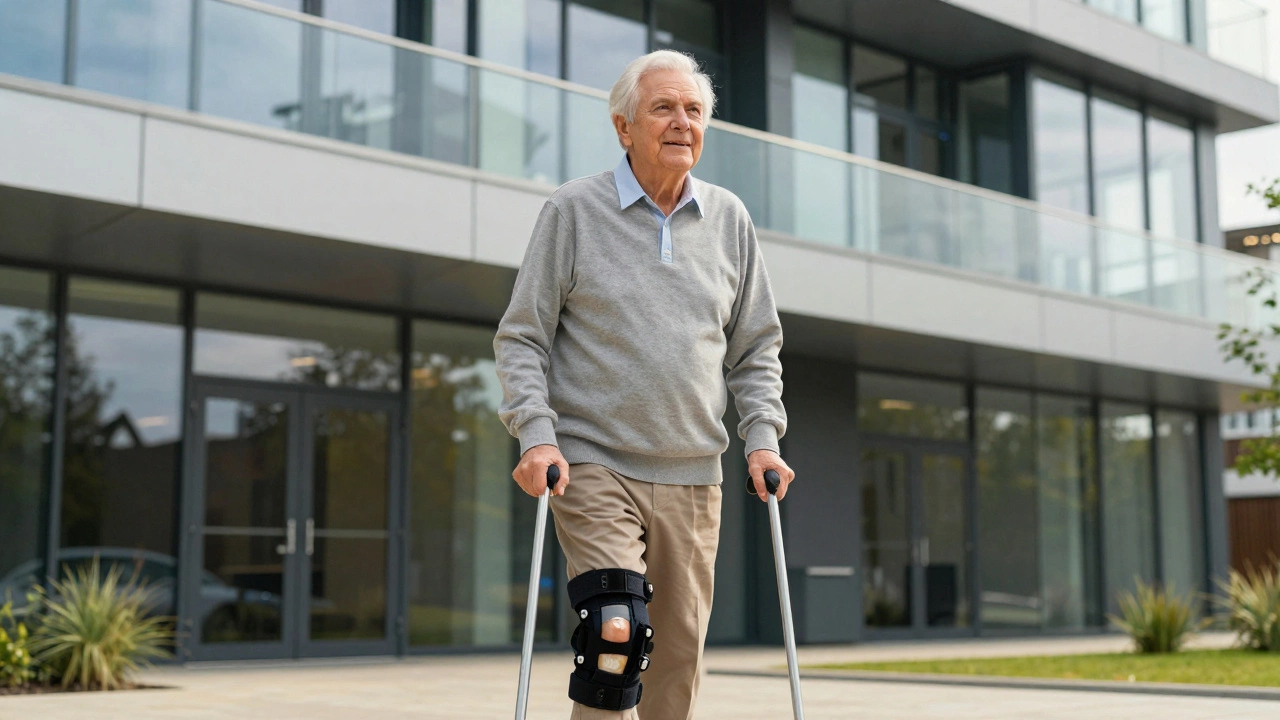 Elderly patient walking outside a modern private hospital after surgery