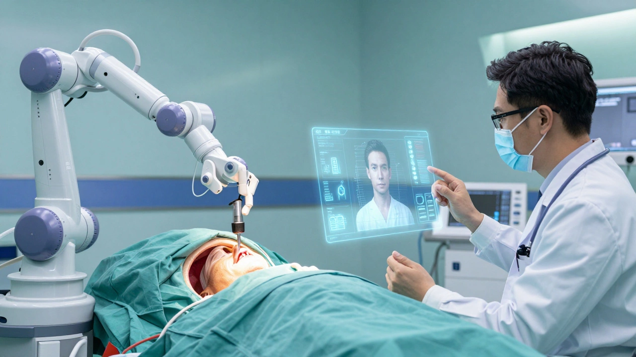 Futuristic medical art showing robotic surgery and telemedicine
