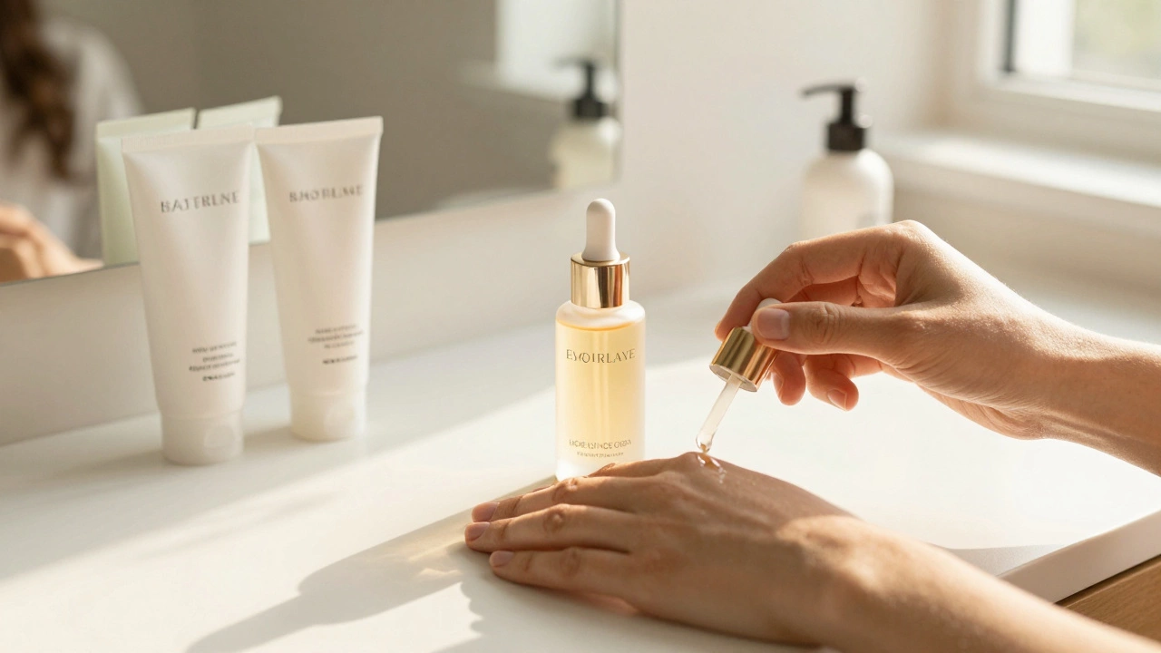 Hybrid skincare routine with luxury serum and budget basics