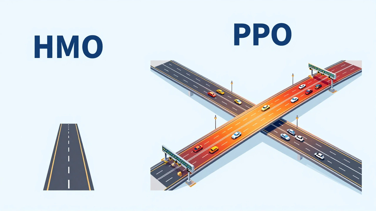 Minimalist graphic comparing simple HMO road to complex PPO highway