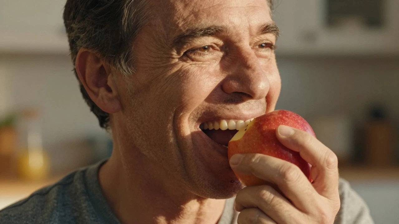 Person smiling and eating an apple after getting dental implants