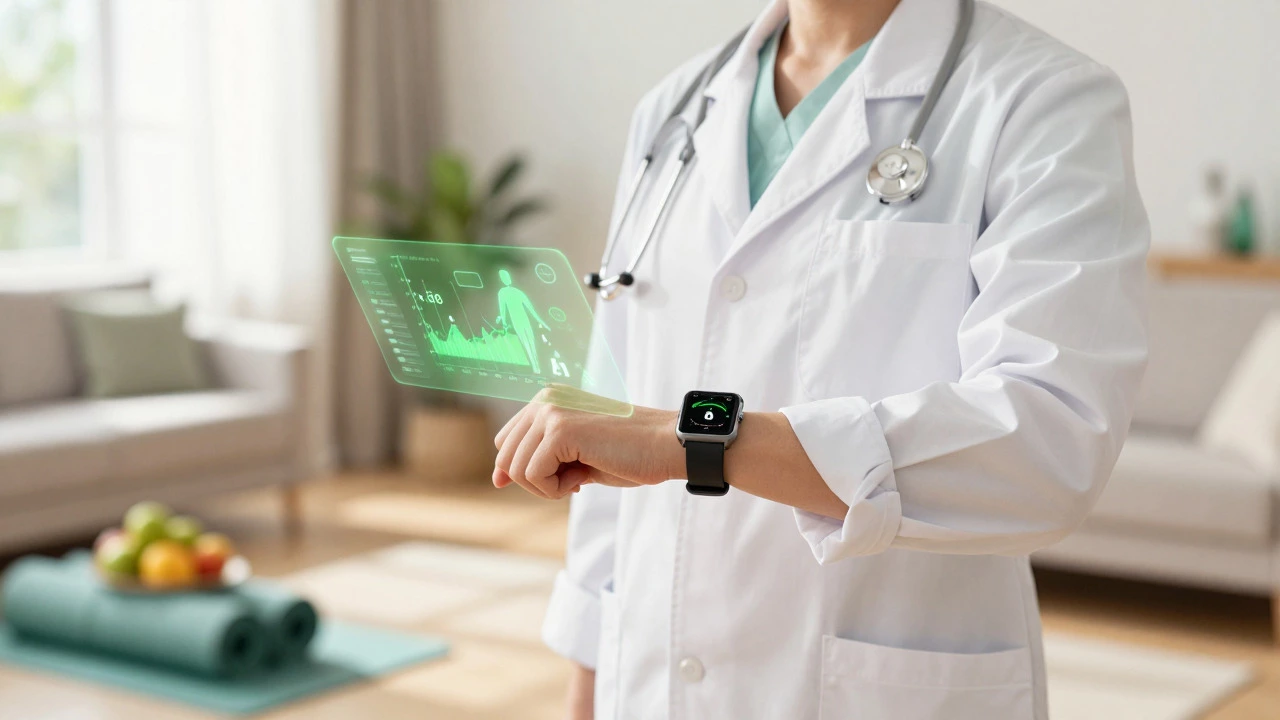 Person using smartwatch for holistic health monitoring in a modern home