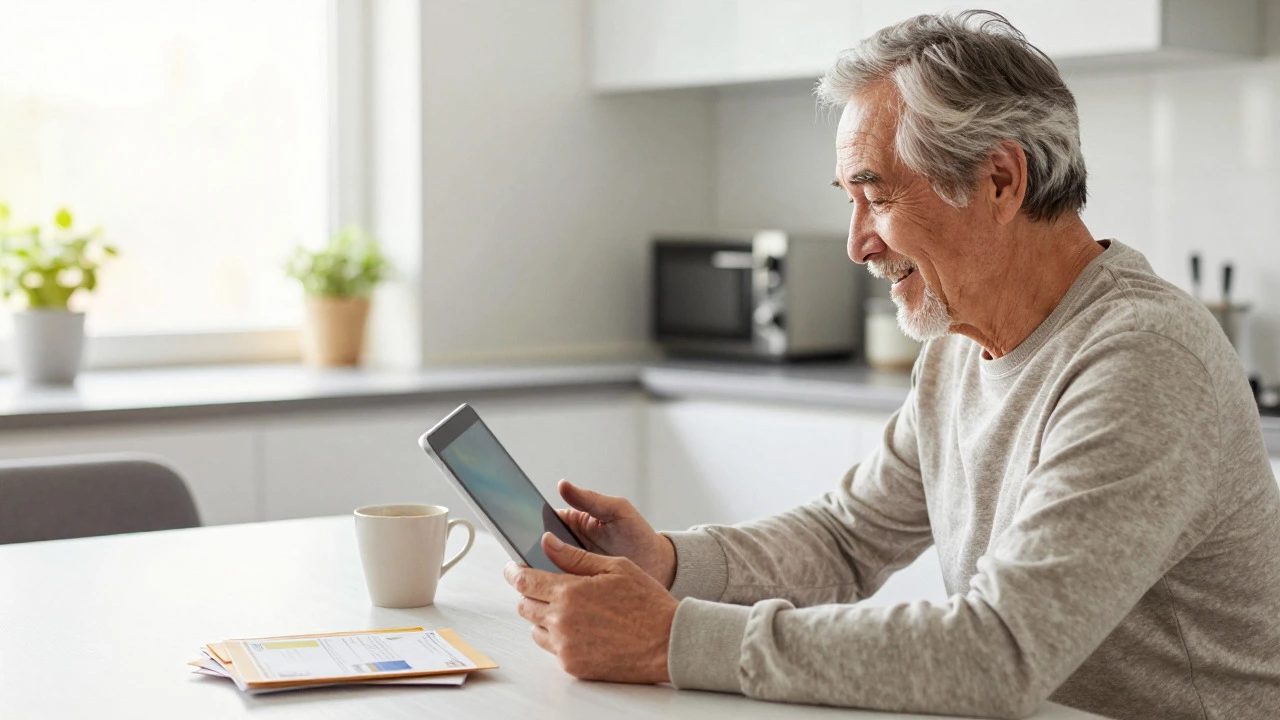 Smiling senior checking healthcare status on a tablet at home