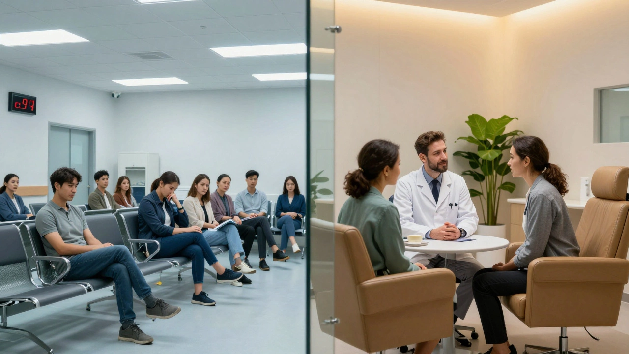 Split image contrasting crowded NHS waiting room with private clinic