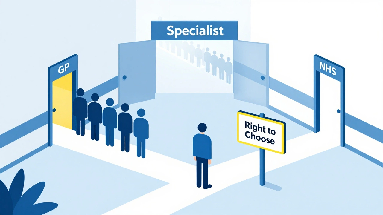 Vector illustration of patient navigating NHS referral paths and choices