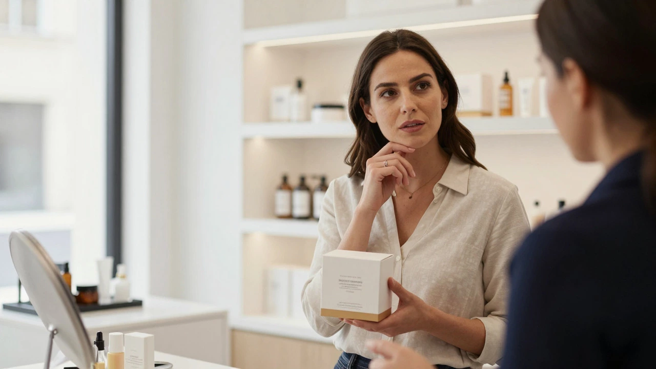 Woman consulting on skincare products in salon