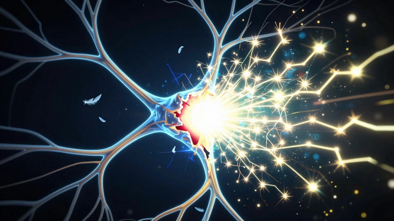 Abstract neural network showing amplified pain signals and broken sensory filters.