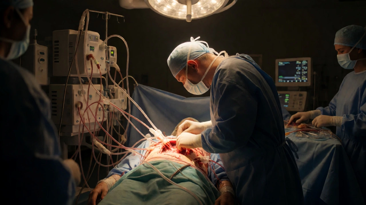 Cardiac surgeon operating on an open heart during a high-pressure bypass procedure in an operating room.